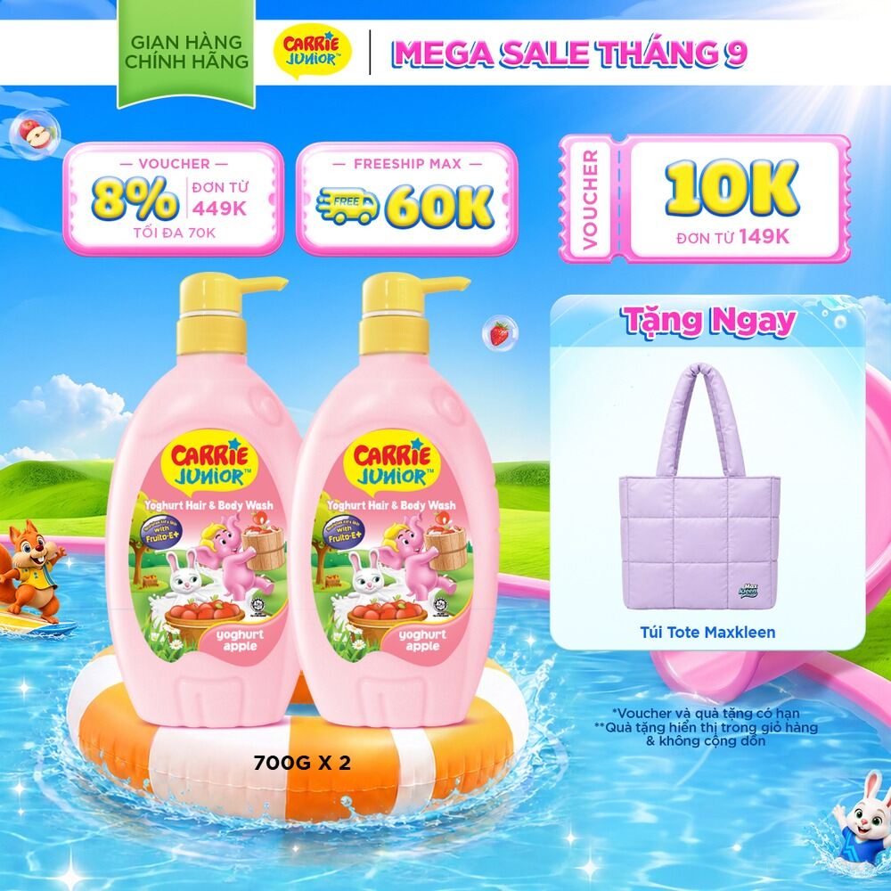 Combo 2 Chai Sữa Tắm Gội Cho Bé Carrie Junior chiết xuất trái cây thiên nhiên Yoghurt hương Táo 700g/ chai