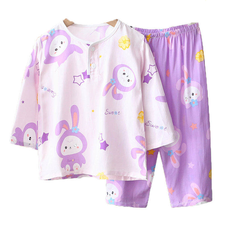 Đồ Ngủ Trẻ Em Lụa Cotton Mùa Hè Bộ Đồ Bé Gái Lụa Cotton Trẻ Em Bé Gái Mẫu Mỏng Tay Dài Bé Trai Đồ Mặc Ở Nhà