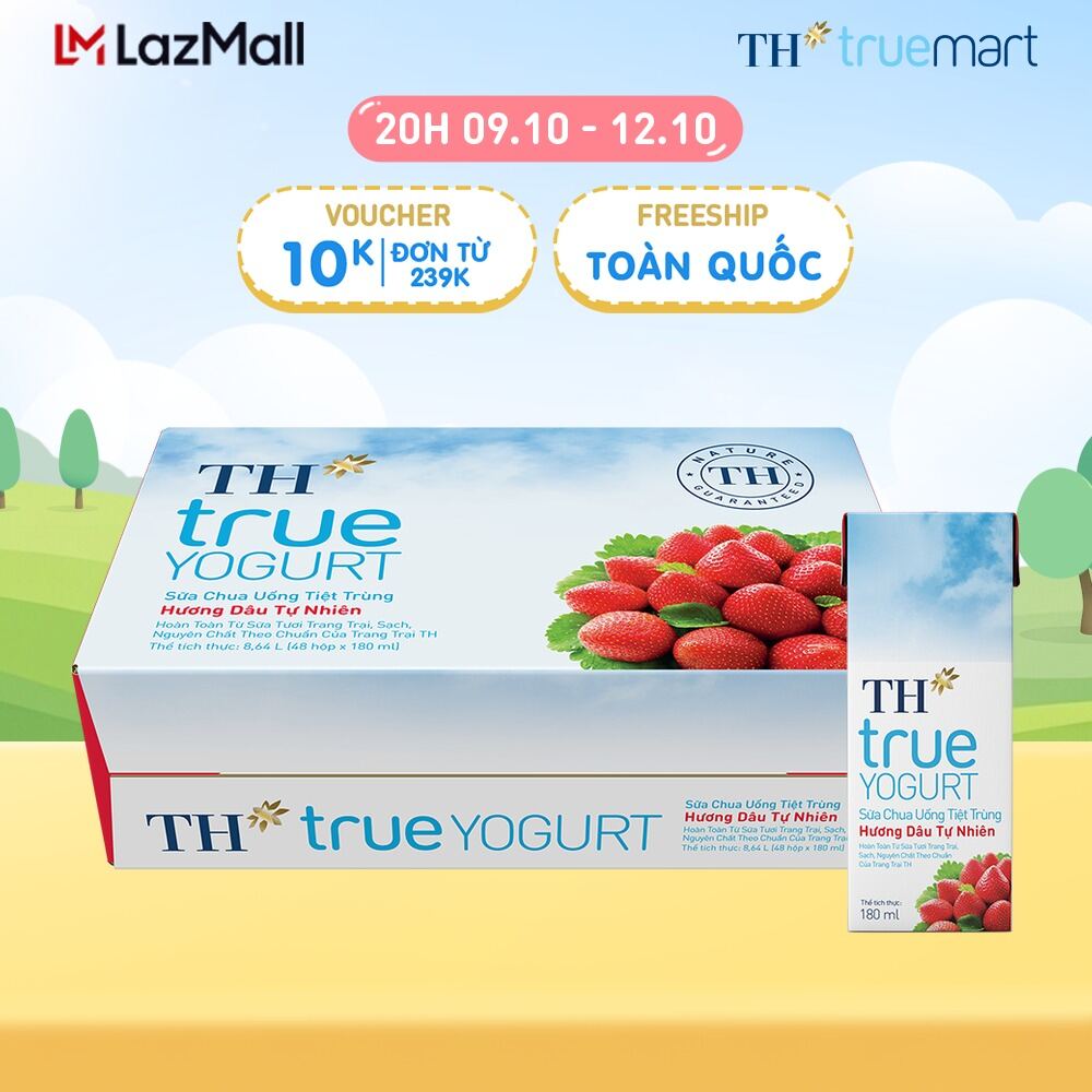 Thùng 48 hộp sữa chua uống tiệt trùng TH true YOGURT hương dâu tự nhiên 180 ml (180 ml x48)