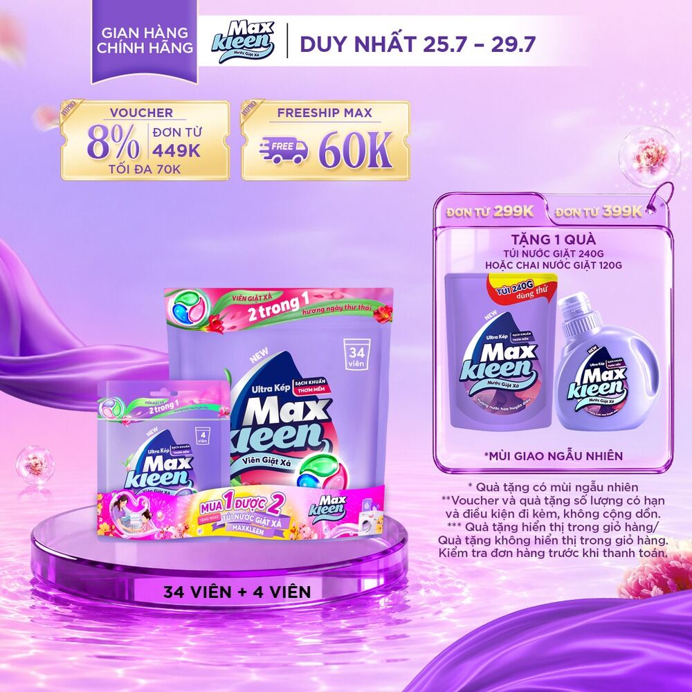 [Tăng thêm 4 viên] Túi Viên Giặt Xả MaxKleen hương Ngày Thư Thái (34 viên/ túi)