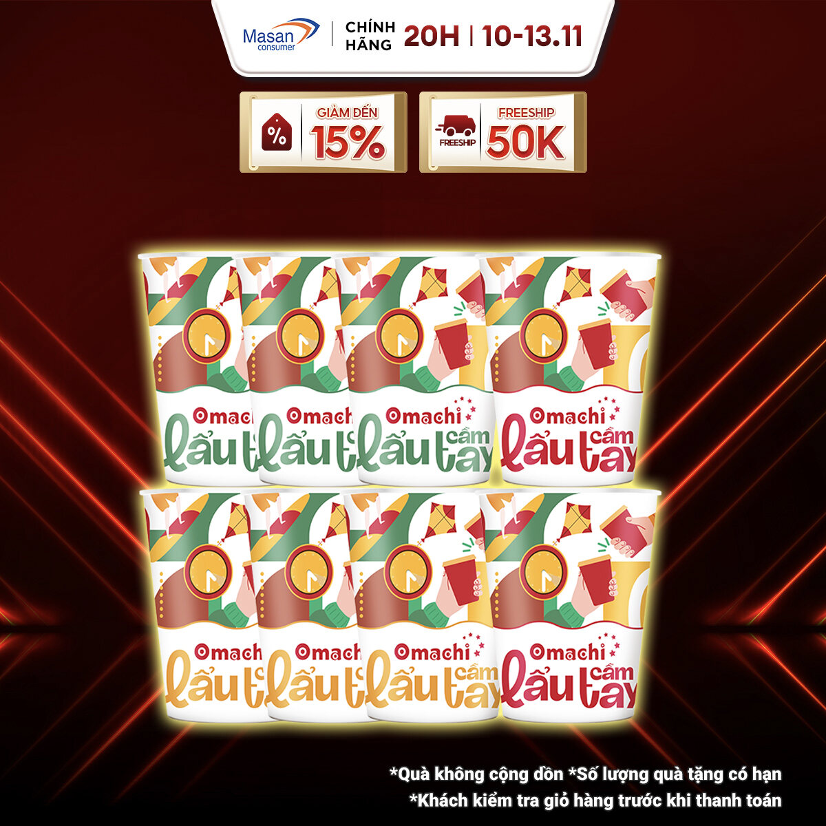 [11.11-13.11 Voucher 18% CHO ĐƠN TỪ 199K]Combo 8 Mì Omachi Lẩu Cầm Tay Hương Vị ( 3 Tomyum + 3 Ngao 