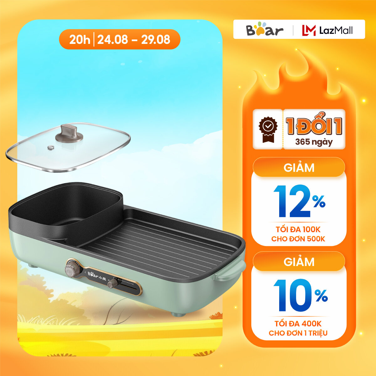 Bếp Lẩu Nướng Điện Đa năng 2 trong 1 Bear DKL-C15G1 3L 1600W - Chính Hãng - Bảo hành 18 tháng