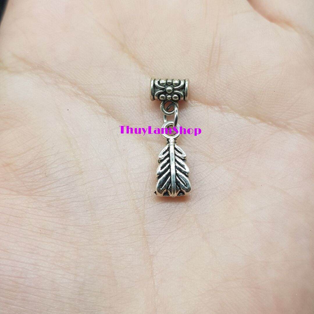 Charm ống luồn chặn hạt hìn chiếc lá bạc thái, charm xỏ vòng chiếc lá, charm lá
