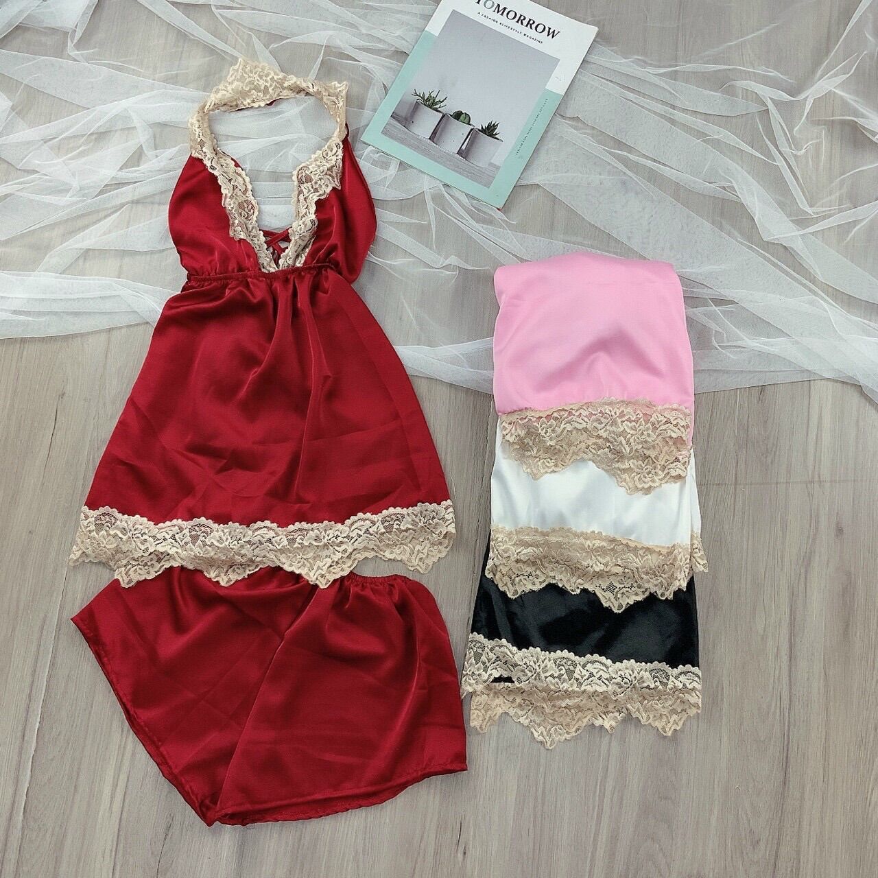 SET BỘ NGỦ PHI LỤA VIỀN REN KÈM QUẦN FROM DƯỚI 50KG