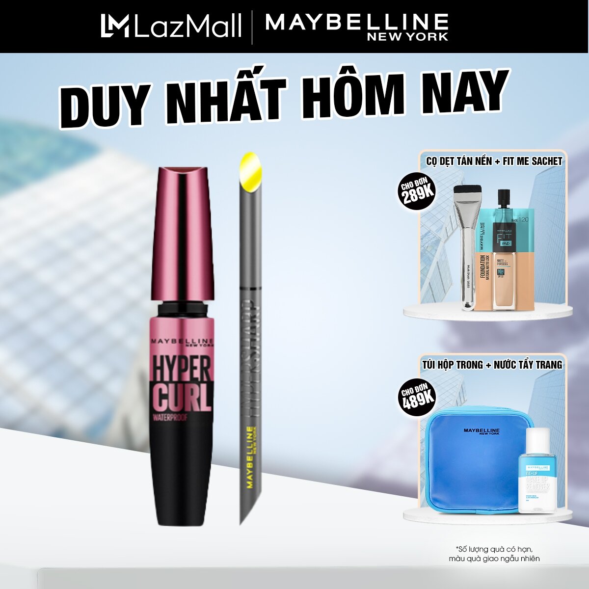 Bộ trang điểm Bút kẻ mắt nước siêu sắc mảnh không lem, trôi Hyper Sharp, Mascara Dài Mi và Cong Mi Hyper Curl Maybelline New York