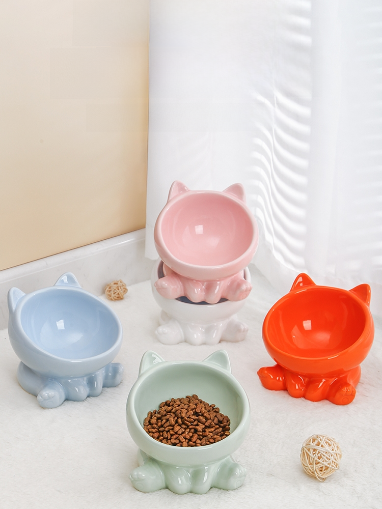 Bát Ăn Bằng Gốm Sứ Màu Đen Cho Mèo Chân Cao Miệng Nghiêng Dễ Thương Bảo Vệ Cột Sống Cổ Bát Nước Hình Chữ U Chống Đen Dưới Cằm