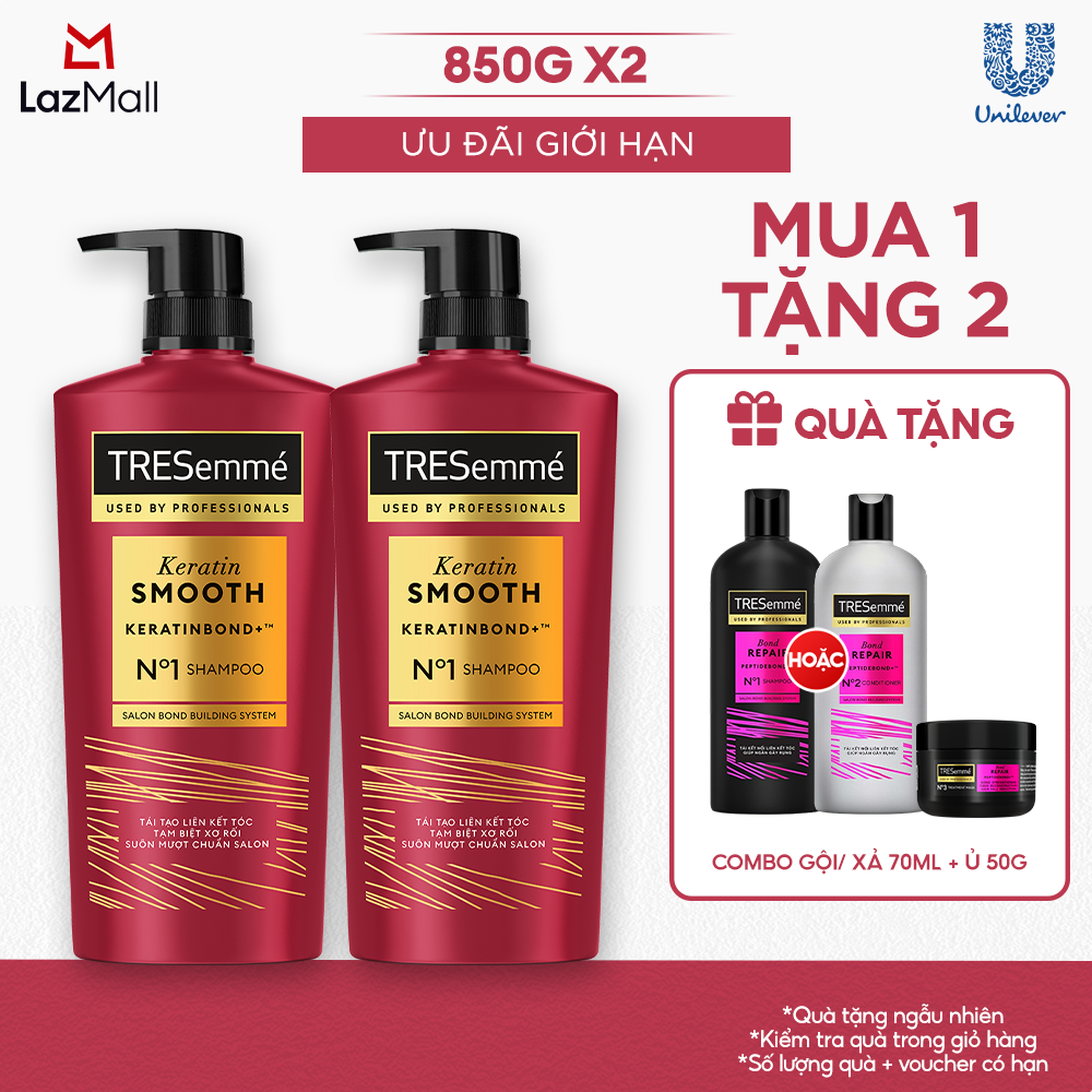 Combo 2 Dầu Gội TRESemmé Keratin Smooth Keratinbond+ Cho Tóc Khô Xơ Rối Vào Nếp Suôn Mượt 850gx2