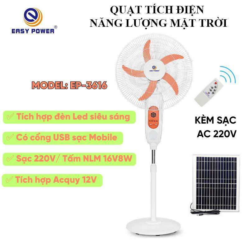 Quạt Tích Điện Cỡ Lớn Easy Power EP 3616 Quạt Cây Sạc Năng Lượng Mặt Trời 16 Inch AC/DC Điều Khiển T