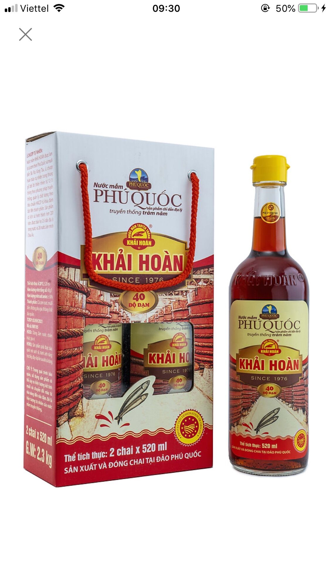Nước mắm Phú Quốc Khải Hoàn 40 độ đạm(Cặp 2chai/520ml)