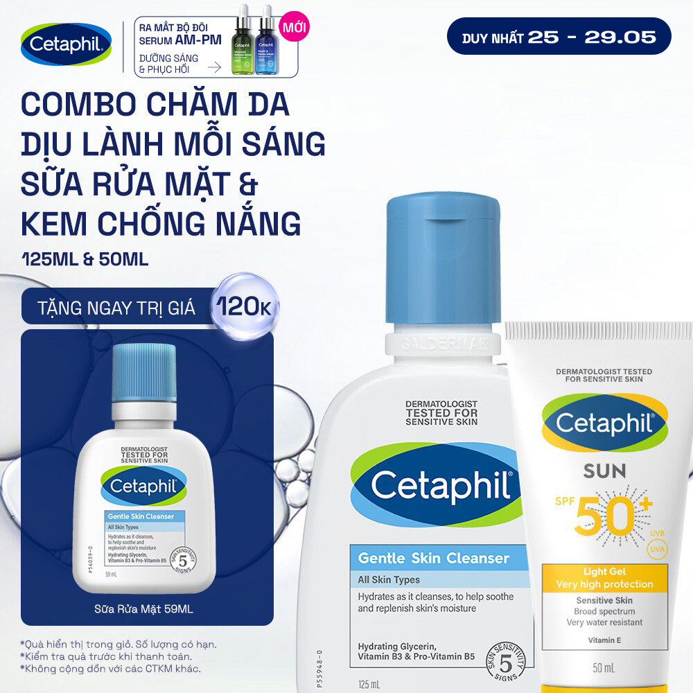 Bộ Sữa rửa mặt CETAPHIL GENTLE SKIN CLEANSER 125ML  Gel chống nắng dịu lành CETAPHIL SUN SPF 50+ LIGHT GEL 50ML