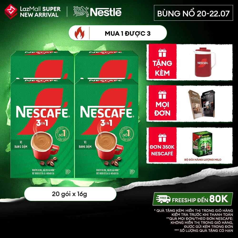 [ƯU ĐÃI THÁNG 7][FREESHIP HCM] Combo 4 hộp cà phê hòa tan Nescafé 3in1 công thức cải tiến - vị rang đậm (Hộp 20 gói)