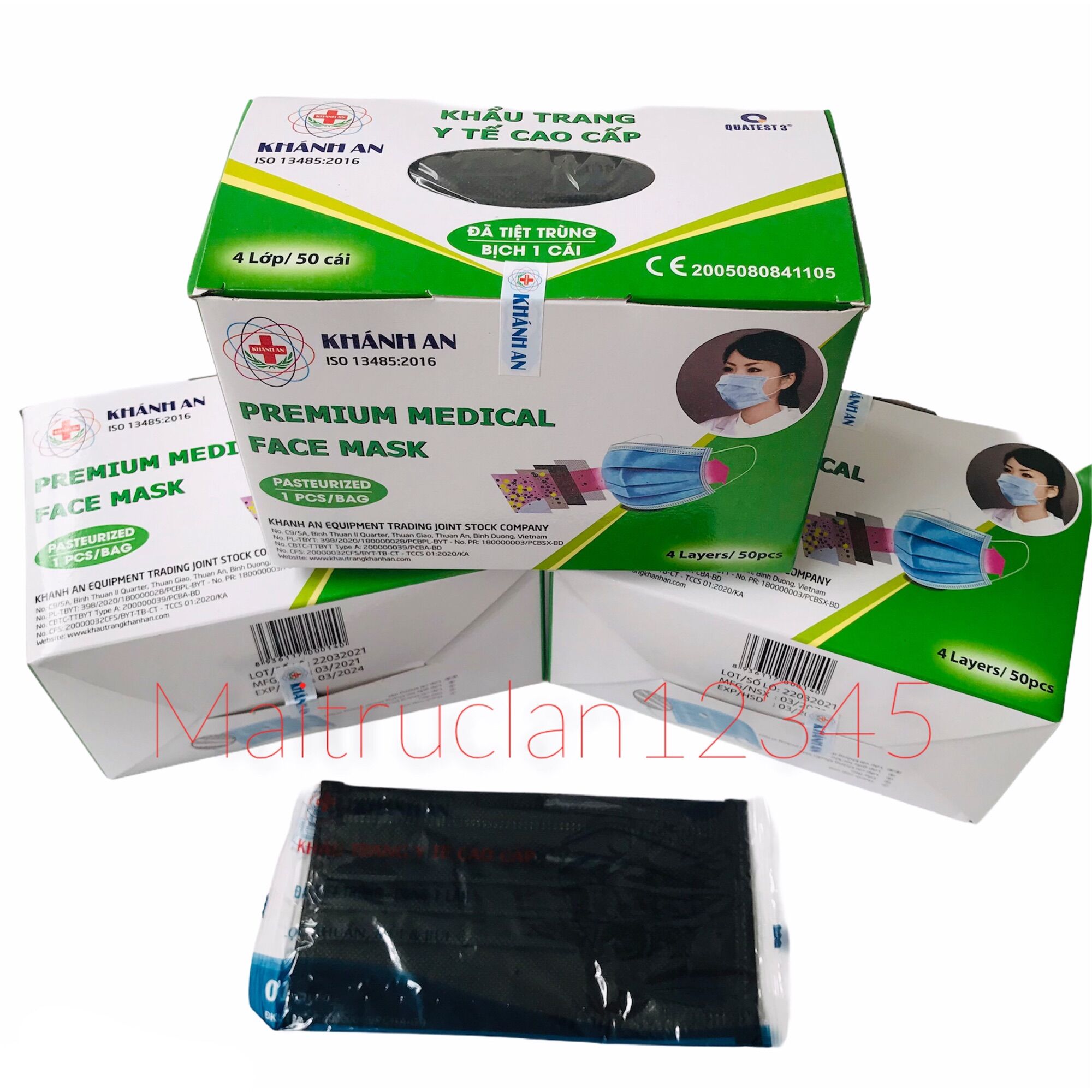 Khẩu trang y tế màu đen tiệt trùng từng cái Khánh An hộp 50 cái
