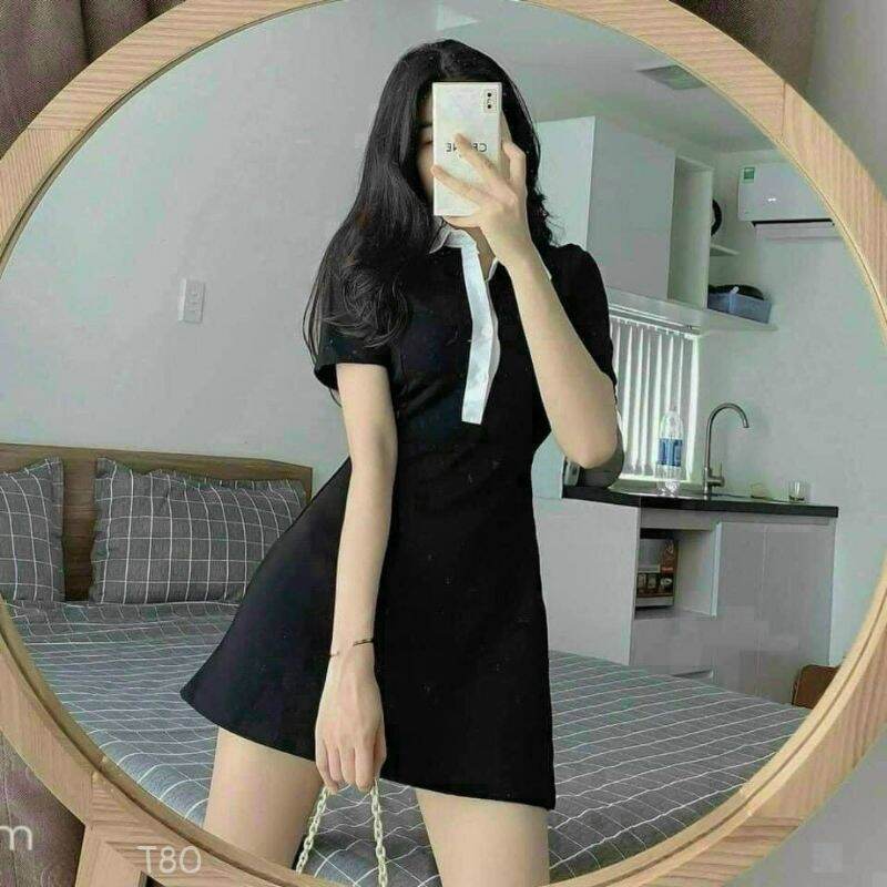 [HCM]Đầm Fom Chữ A Phối Cổ Trắng