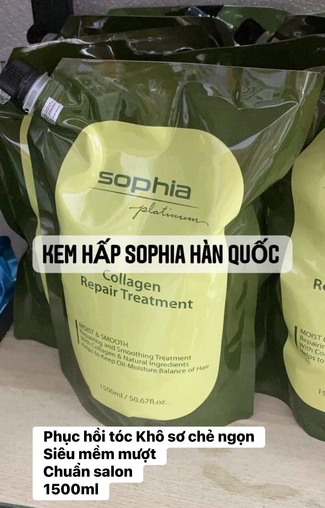 Kem hấp ủ tóc Collagen Sophia Hàn Quốc 1500ml Phục hồi Tóc khô sơ chẻ ngọn, siêu mềm mượt