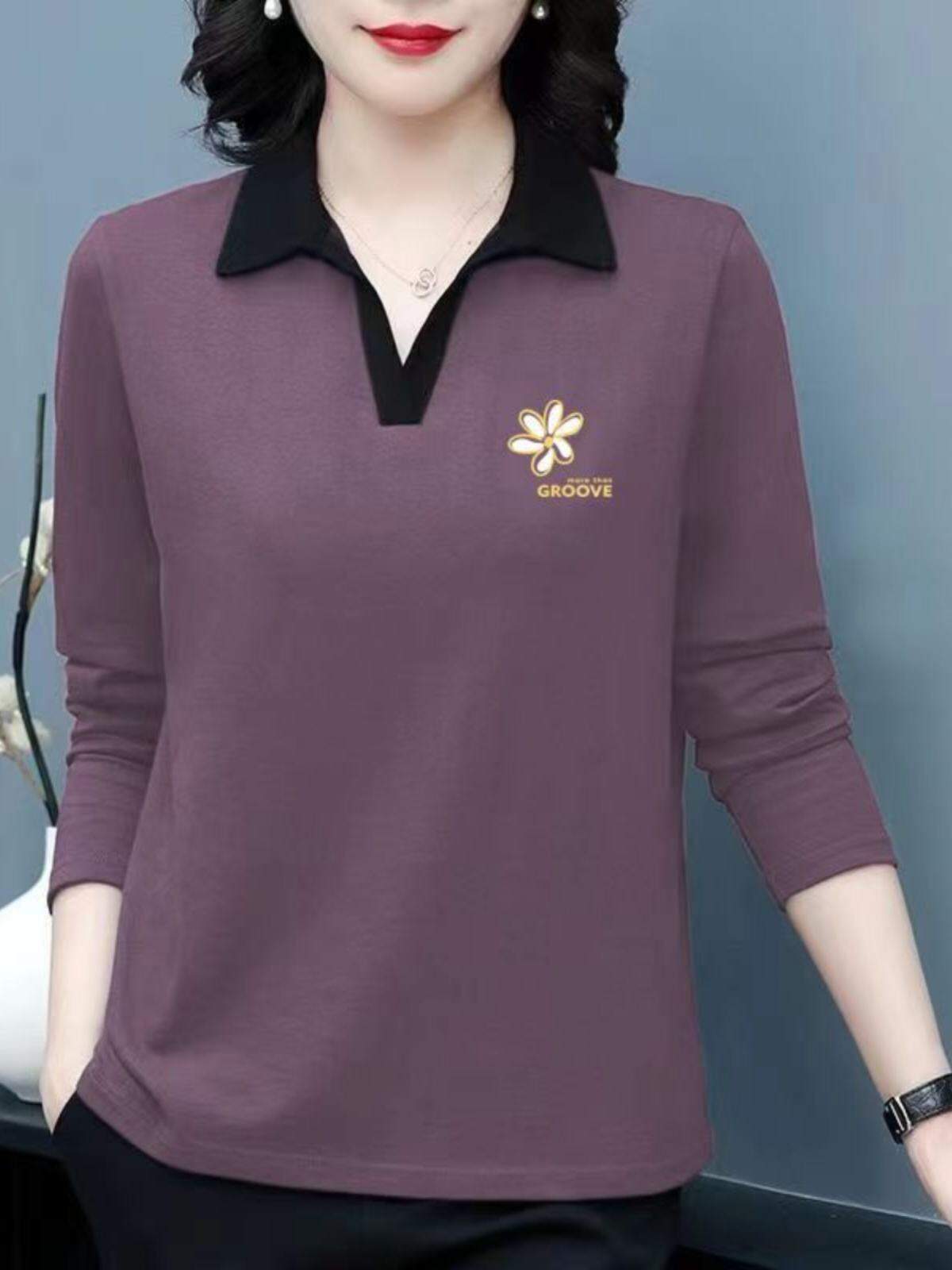 HUAXUNRAN | Áo Thun Tay Dài Thời Trang Cổ Polo cho Phụ Nữ Trung Niên