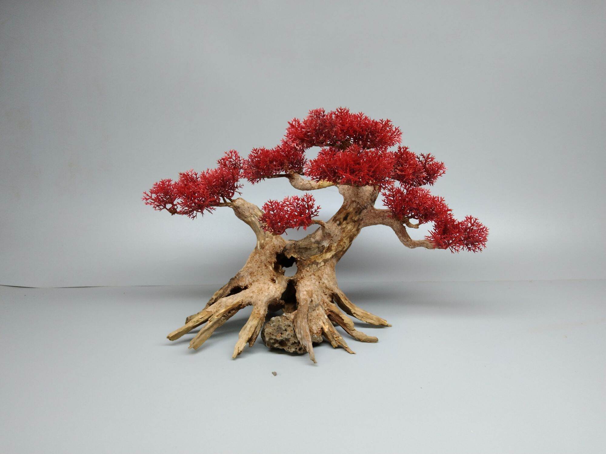 Cây gỗ lũa bonsai tán Tùng 2 thân cho hồ cá cảnh (có 4 màu: Xanh, Đỏ, Cam, Kem)