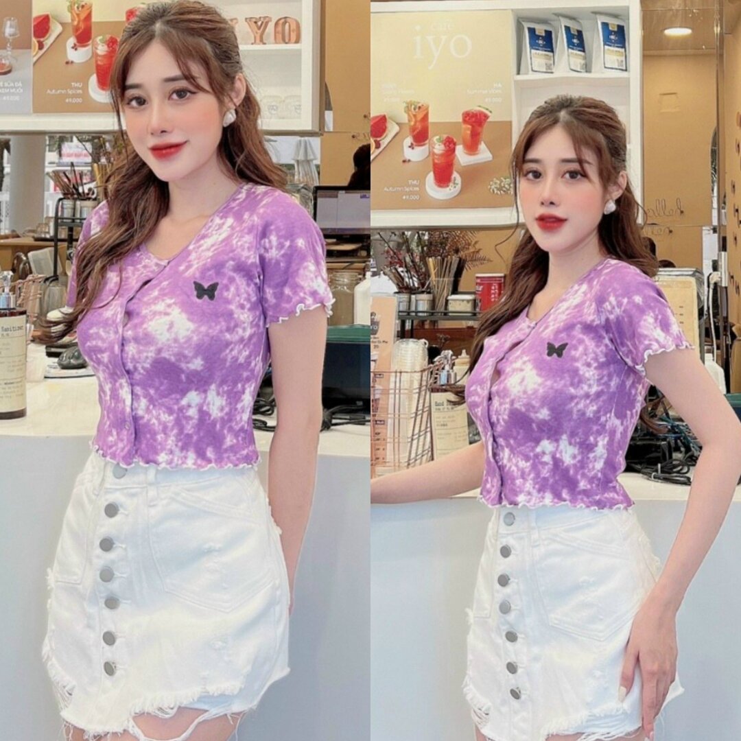 Áo Loang Màu Rút Dây 1 Bên Croptop