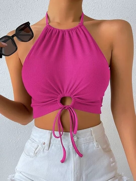 Áo croptop HỒNG cổ yếm cột Eo khoét tròn rút dây