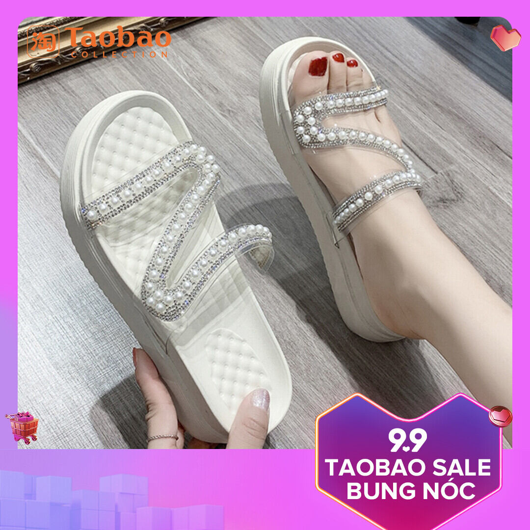 Dép lê phong cách tiên nữ dép lê ngọc trai quai ngang đế dày thời trang dễ phối đính đá mùa hè mẫu mới 2023 đi bên ngoài cho nữ