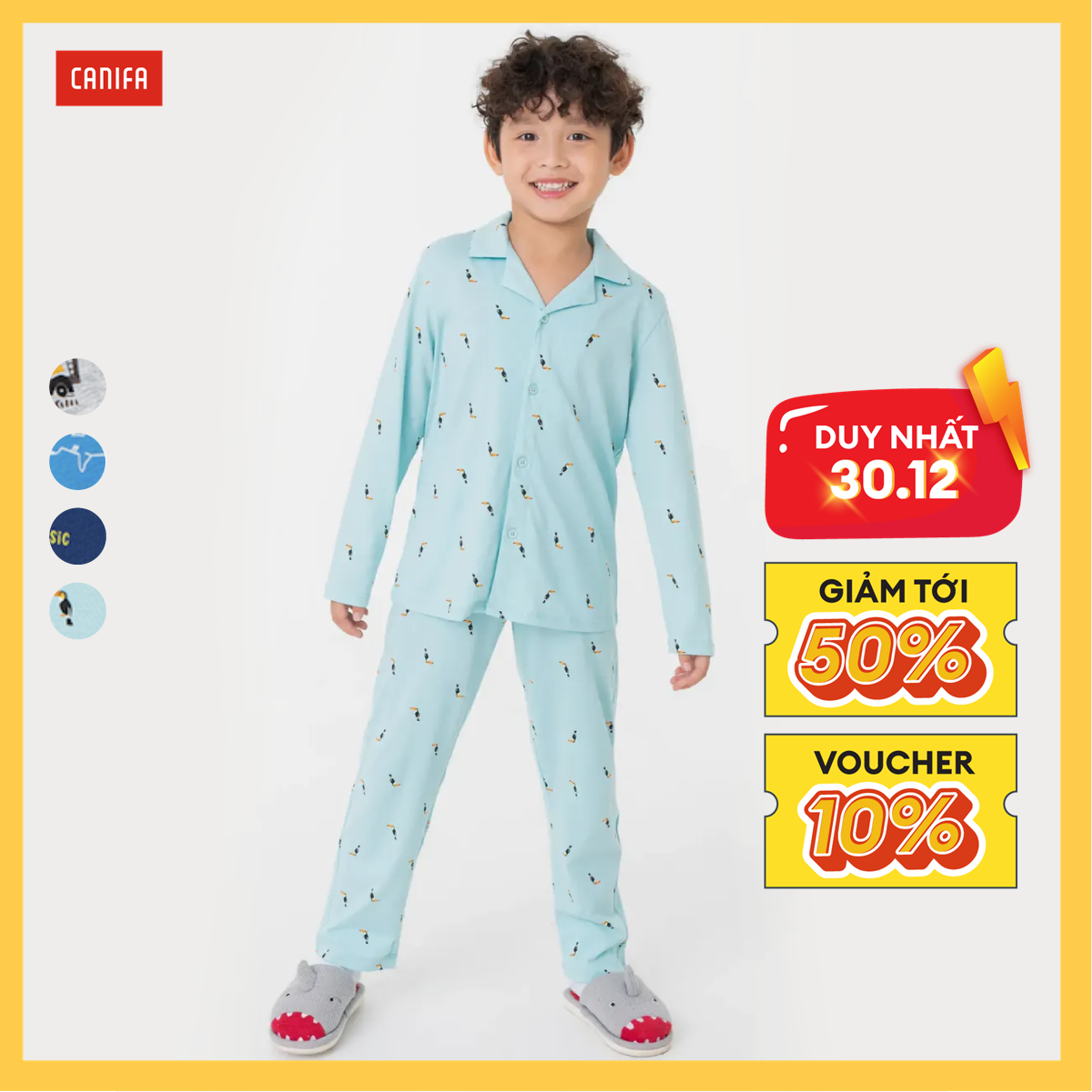 Bộ pyjama bé trai CANIFA cotton áo dài tay quần dài in họa tiết 2LS23W011