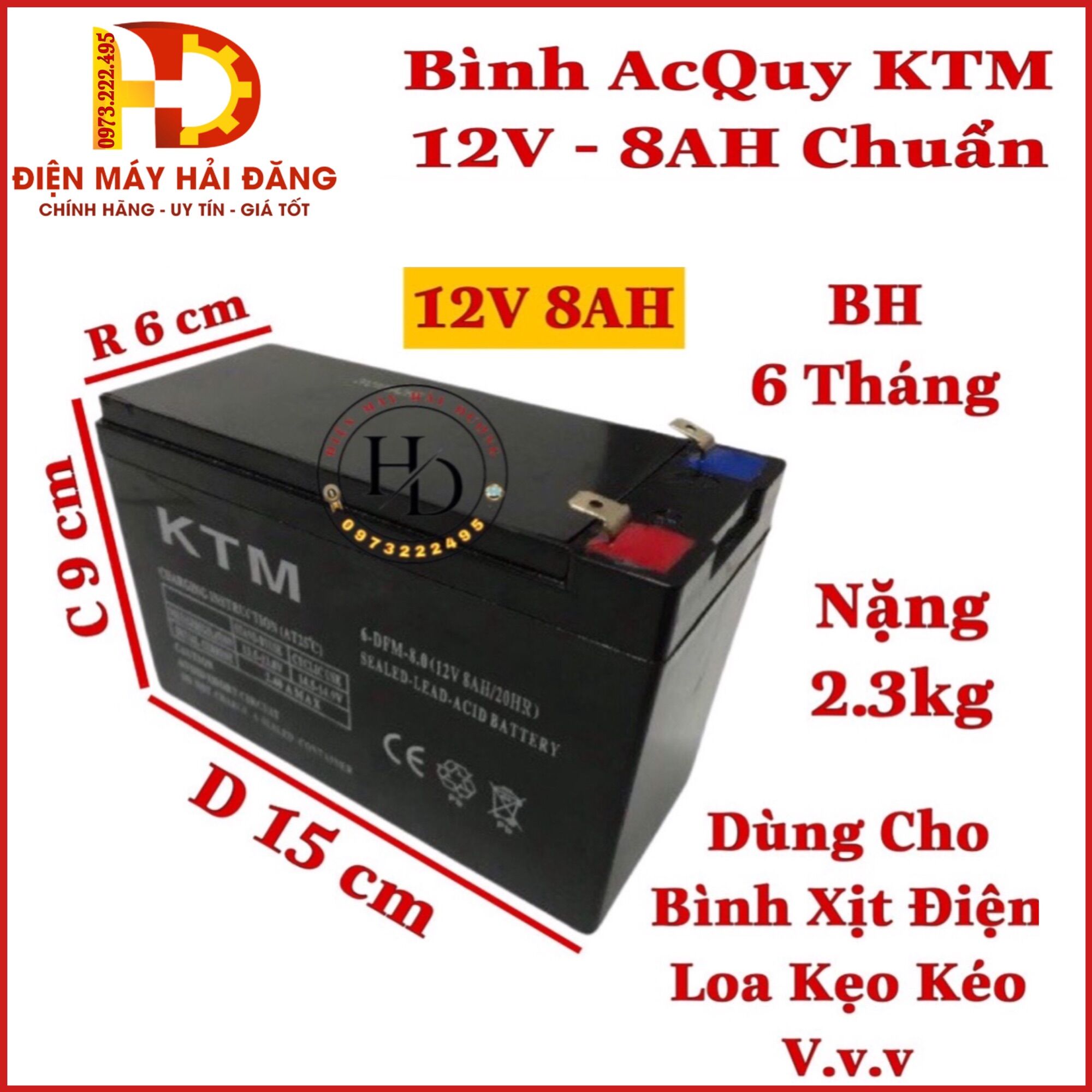Bình ắc quy KTM.12V - 8AH.Dùng cho loa kẹo kéo,bình xịt bằng điện.Dung lượng chuẩn.BH 6 T