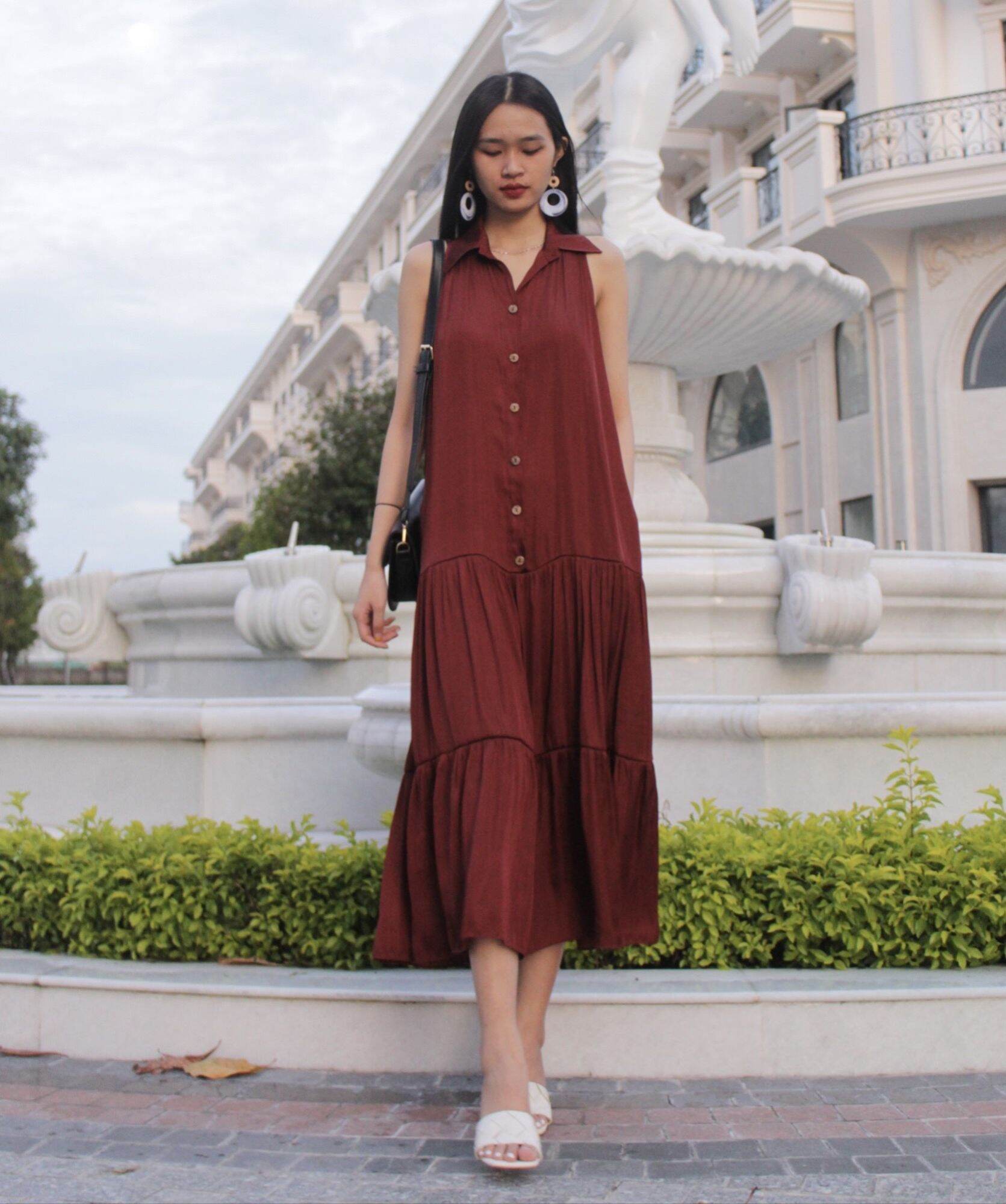 Đầm sơ mi nữ - Thiết kế sát nách tùng váy tầng xoè