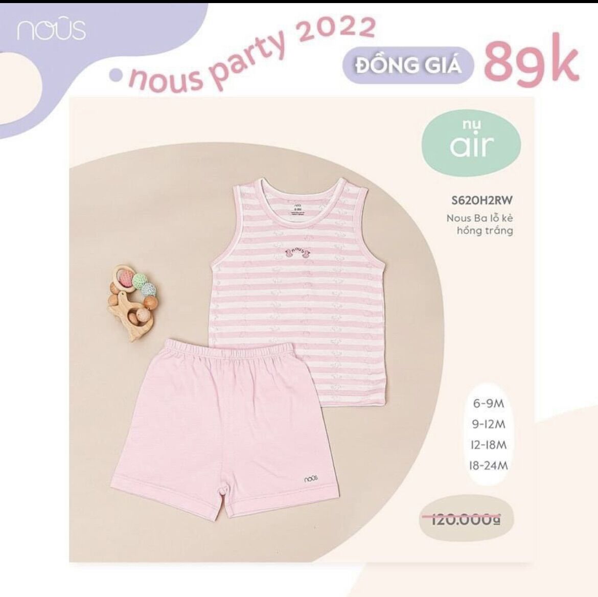 Ba lỗ Nous hồng sọc ngang lẻ size 6-9m