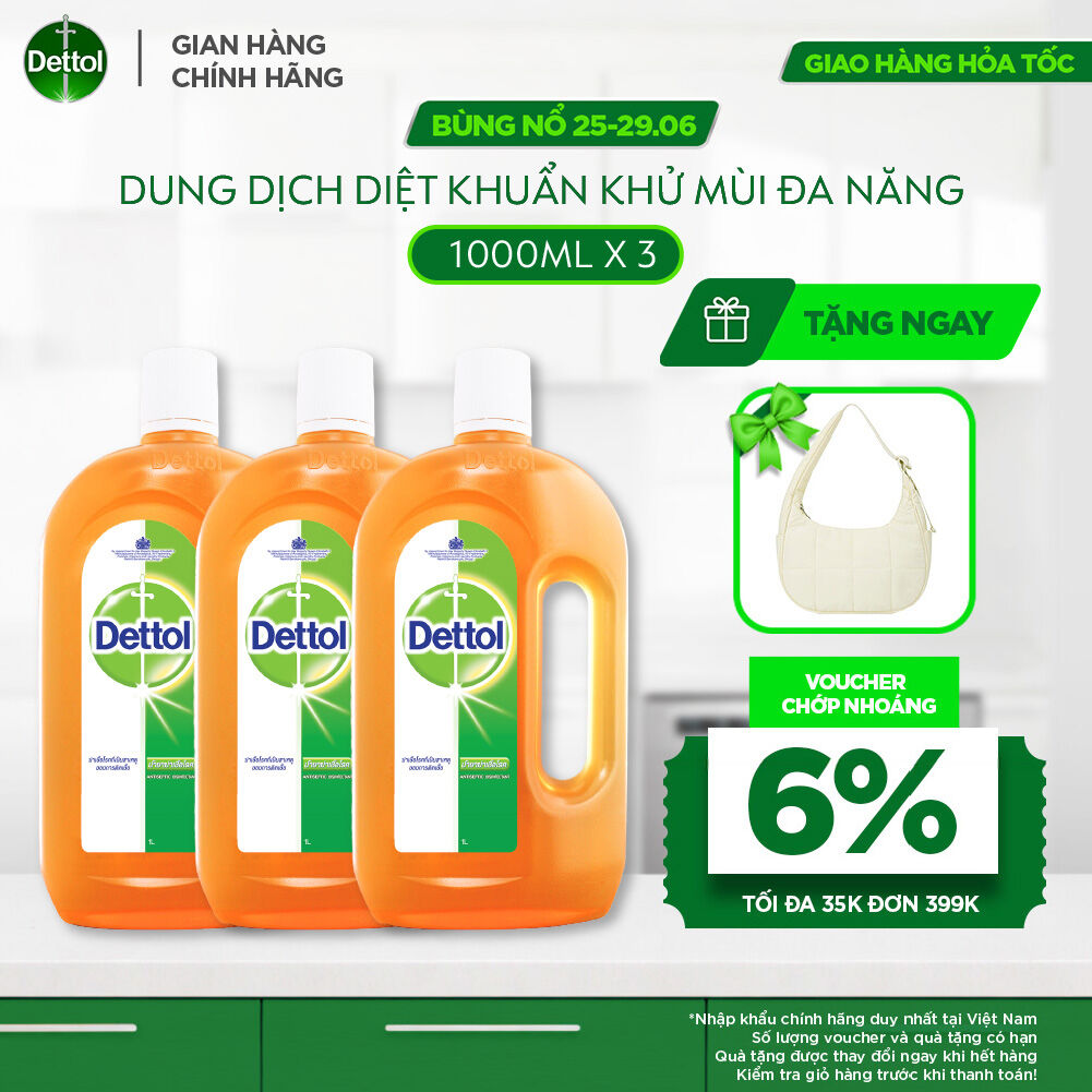 Combo 3 Chai Dung Dịch Diệt Khuẩn Khử Mùi Đa Năng Dettol, chai 1L
