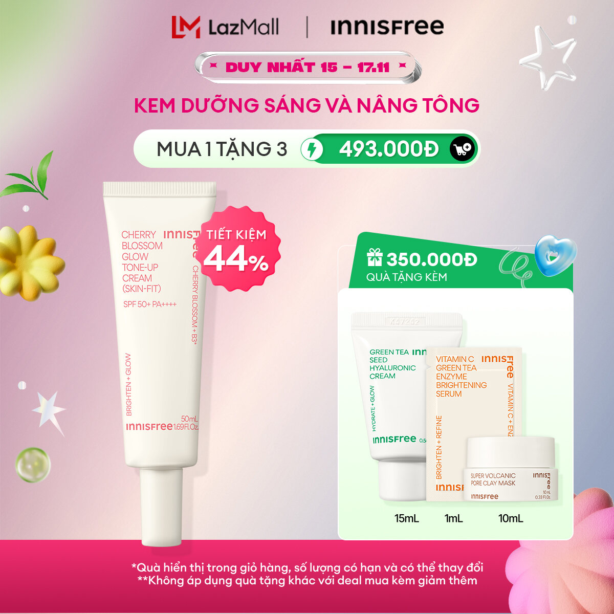 Kem dưỡng ẩm làm sáng chống nắng cho da INNISFREE Jeju Cherry Blossom Skin-Fit Tone-Up Cream SPF 50+