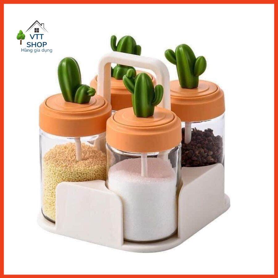 Set 4 hũ/lọ gia vị thủy tinh xương rồng có thìa/muỗng và khay đi kèm xinh xắn.