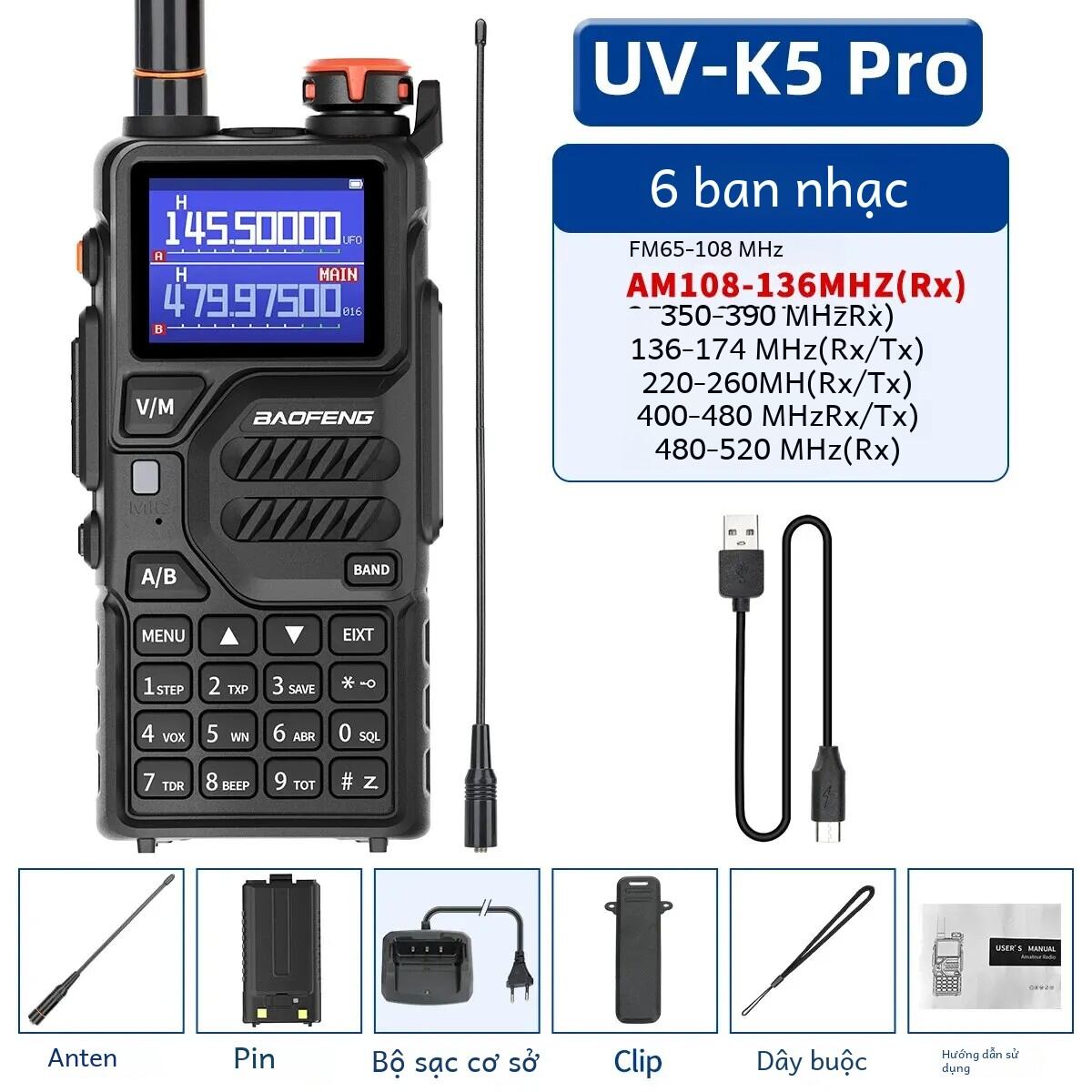 Bộ đàm Baofeng Uv K5 Plus 10w Air Band Bộ đàm không dây tầm xa Tần số sao chép Radio hai chiều với cổng USB Type-C