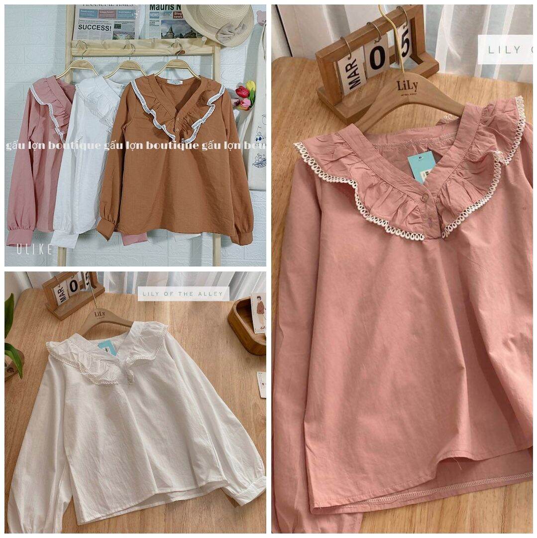 áo kiểu cổ v phối bèo tiểu thư ảnh thật