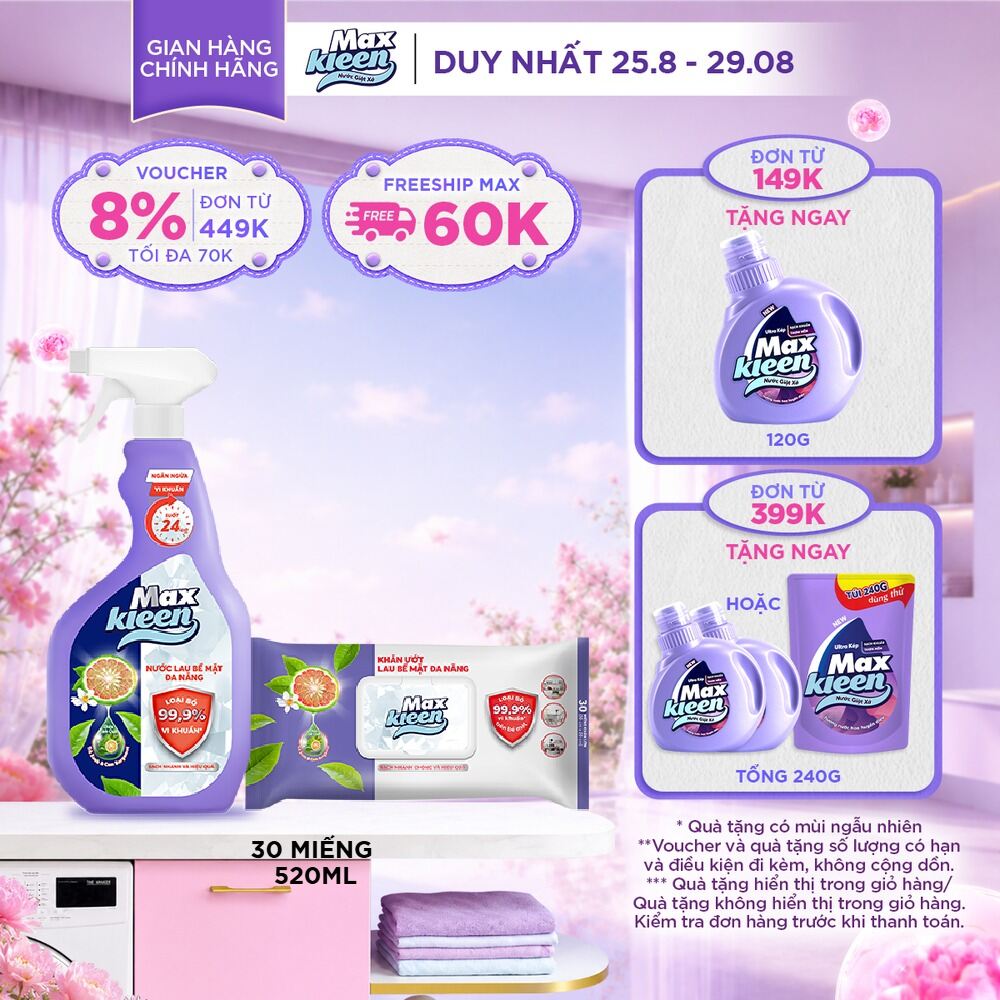 Combo Chai nước lau bề mặt đa năng MaxKleen 520ml + Khăn lau bề mặt đa năng
