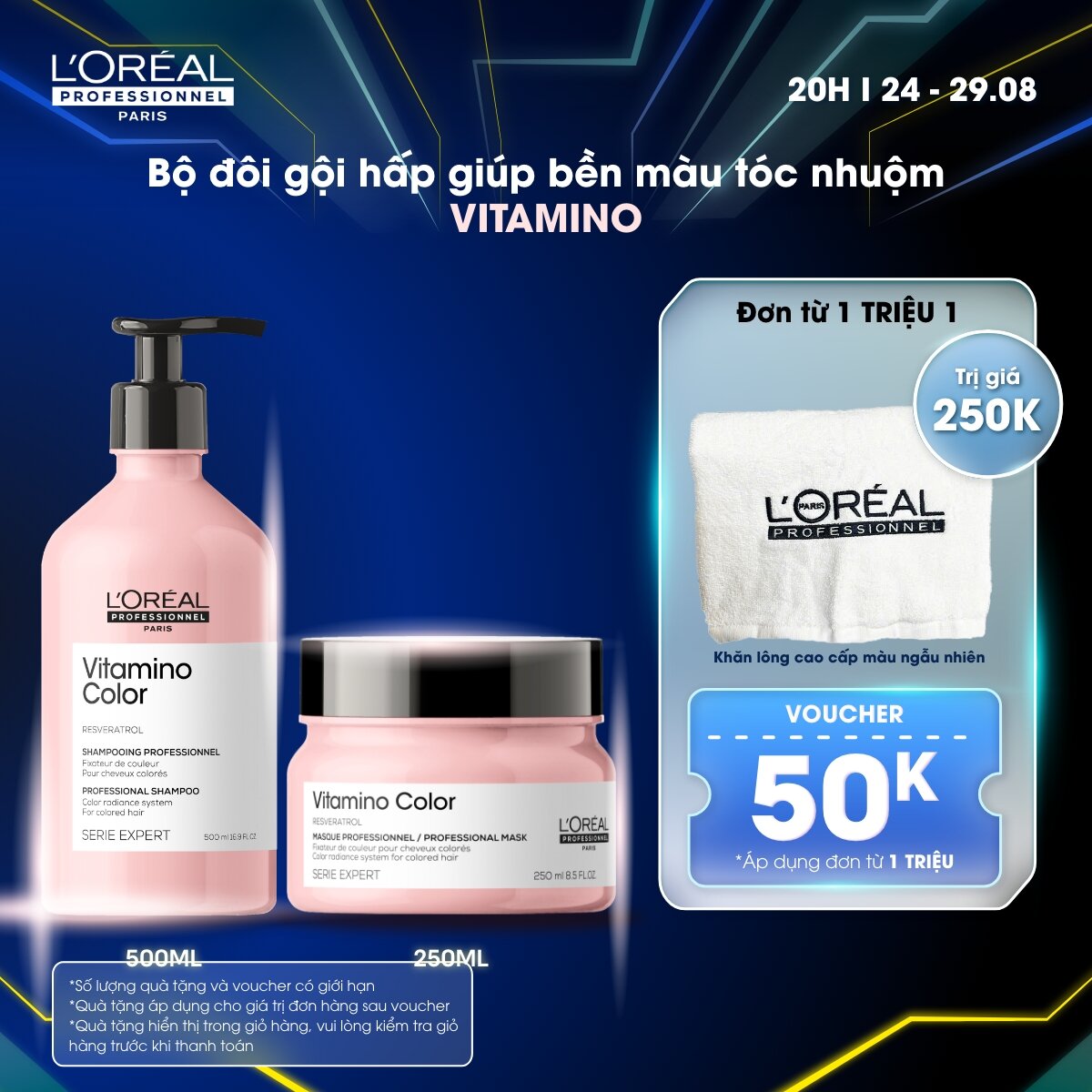 Combo Dầu gội 500ml & Dầu hấp 250ml giữ màu tóc nhuộm & dưỡng tóc mềm mượt L'Oréal Professionnel Serie Expert Vitamino Color