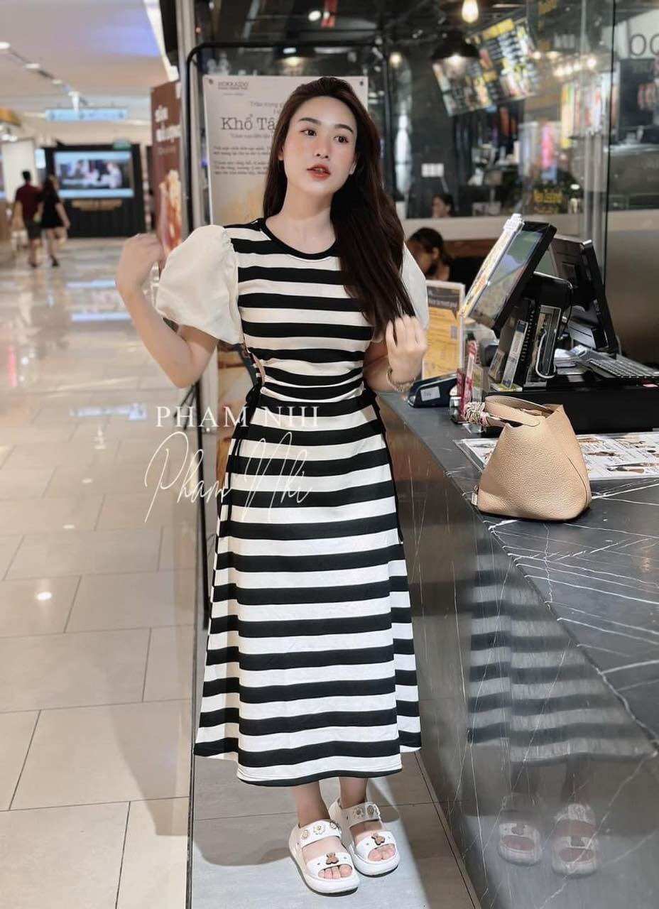 Đầm kiểu maxi sọc tay bồng trắng xinh BG