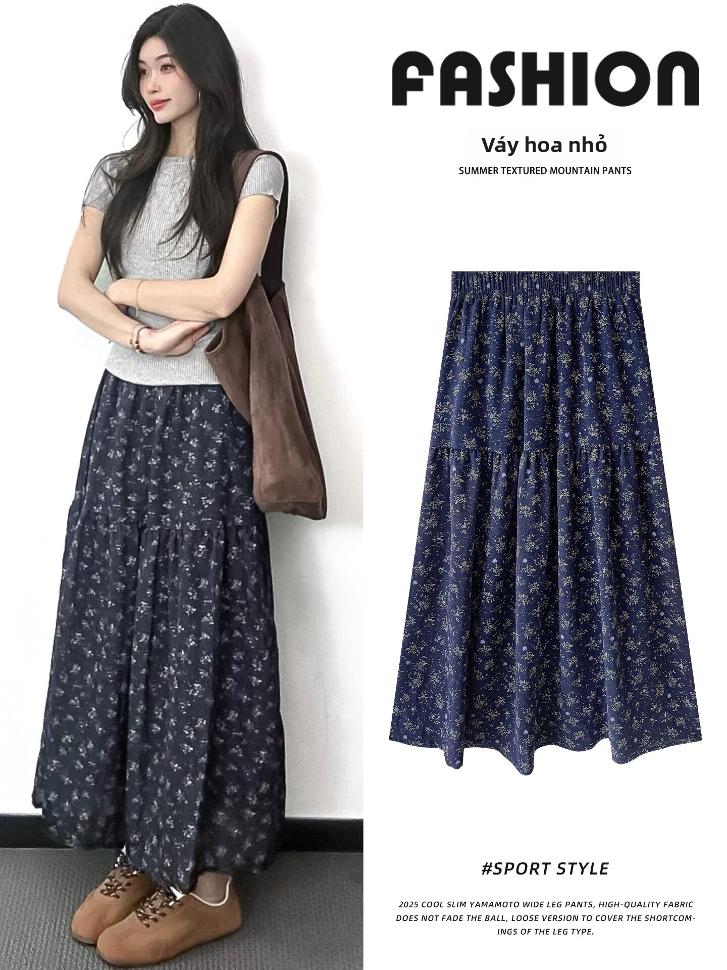 YIFANSHI | Chân Váy A-Line Đen Xanh Hoa Mảnh Giảm Cân