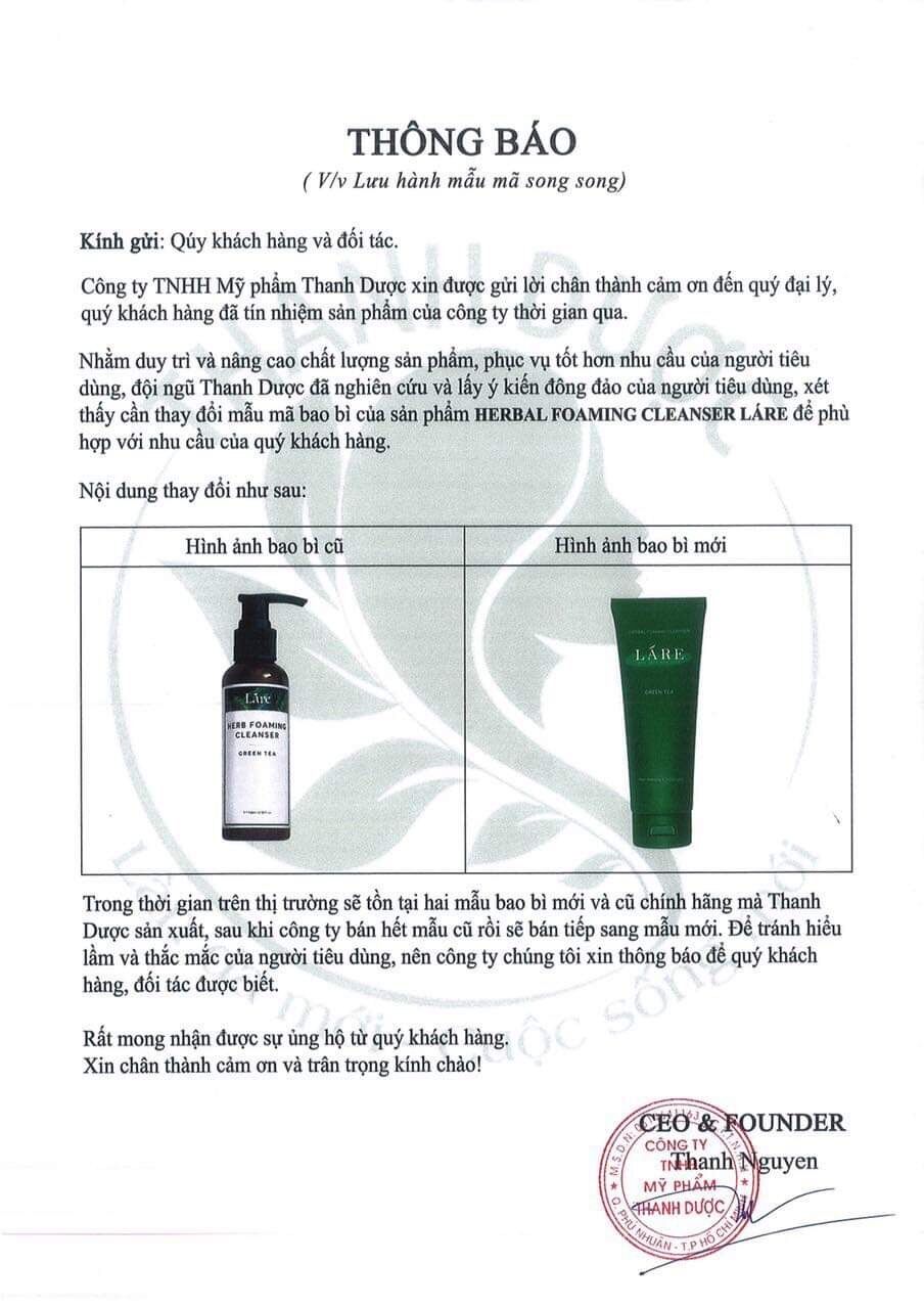 Sữa rửa mặt hữu cơ Lare 120ml