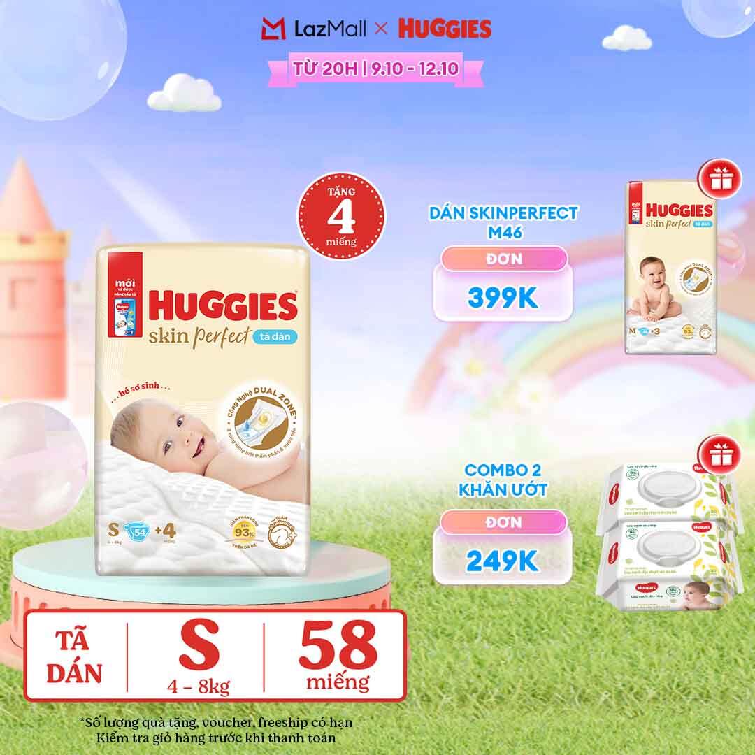 [CHỈ 20H 09-12/10 QUÀ TẶNG ĐƠN 0Đ]  Tã/bỉm dán sơ sinh Huggies Skin Perfect S 54 miếng với 2 vùng thấm giảm kích ứng da (số miếng tặng thay đổi theo từng đợt nhập hàng)