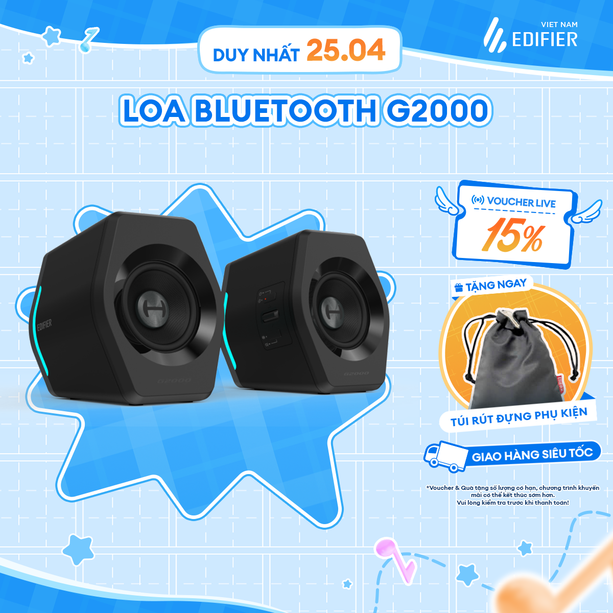 Loa máy tính Bluetooth EDIFIER G2000 | Đen led RGB | Công suất 32W Kèm cổng kết nối USB/ AUX | Bảo hành 12 tháng