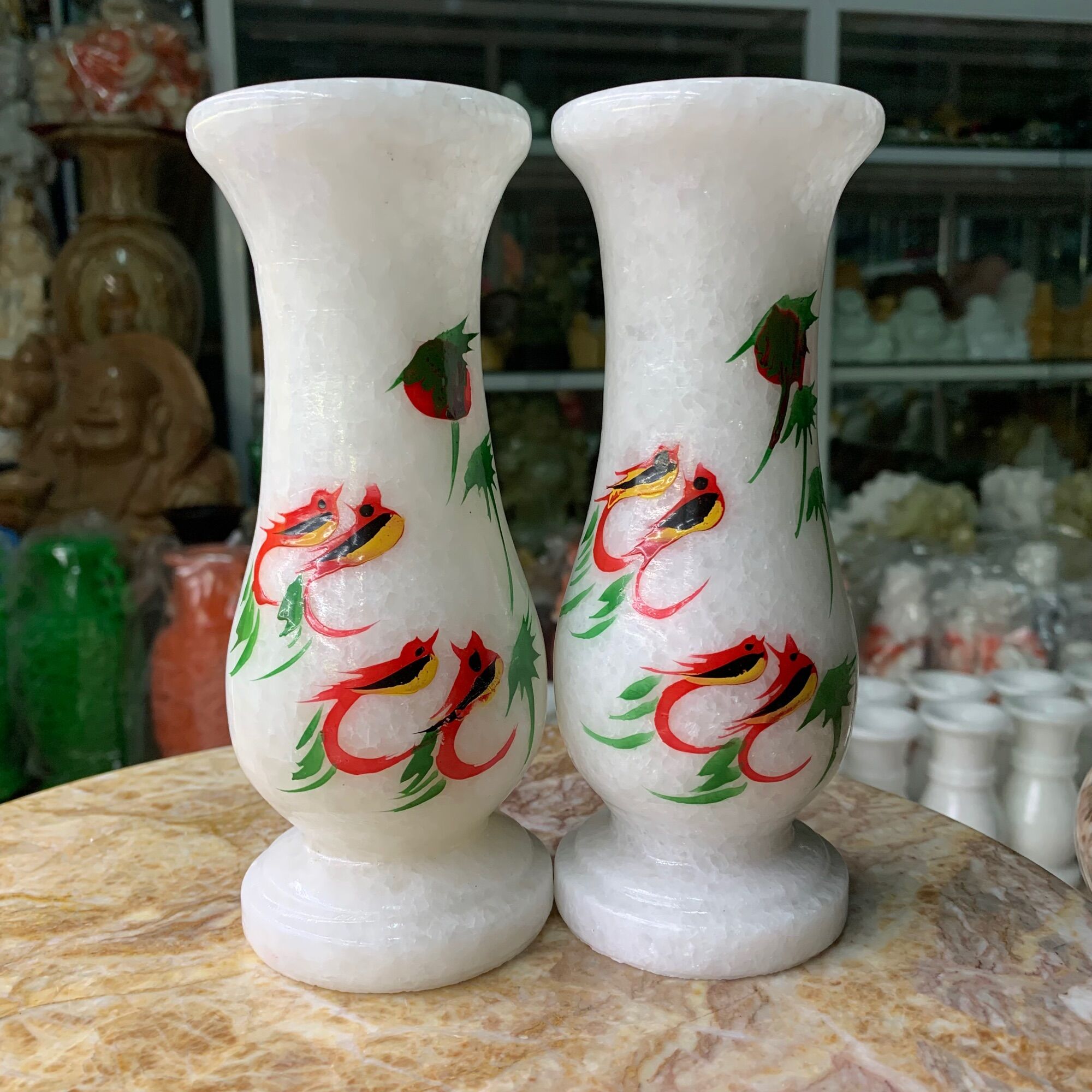 Cặp bình vẽ chim đá cẩm thạch trắng - cao 18.5cm
