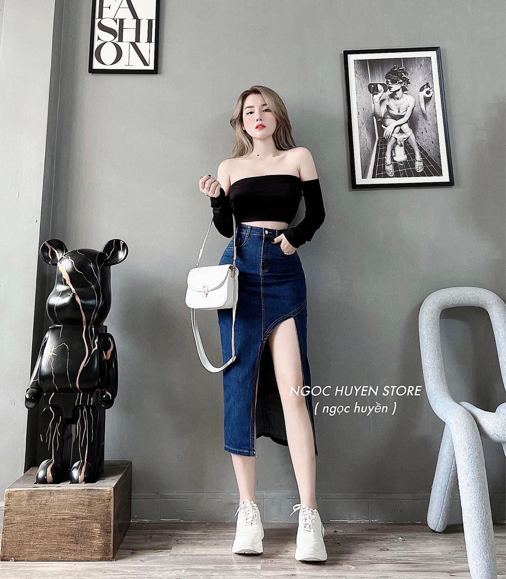 Ảnh thật (Chân váy jean áng dài co giãn xẻ gối)