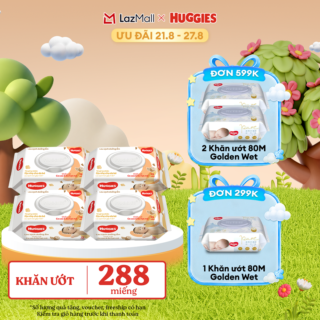[17-24.08 GIẢM THÊM 90K] Combo 4 gói Khăn giấy ướt cho trẻ sơ sinh HUGGIES (Gói 72 tờ)-Chiết xuất Cao cao  Bơ hạt mỡ