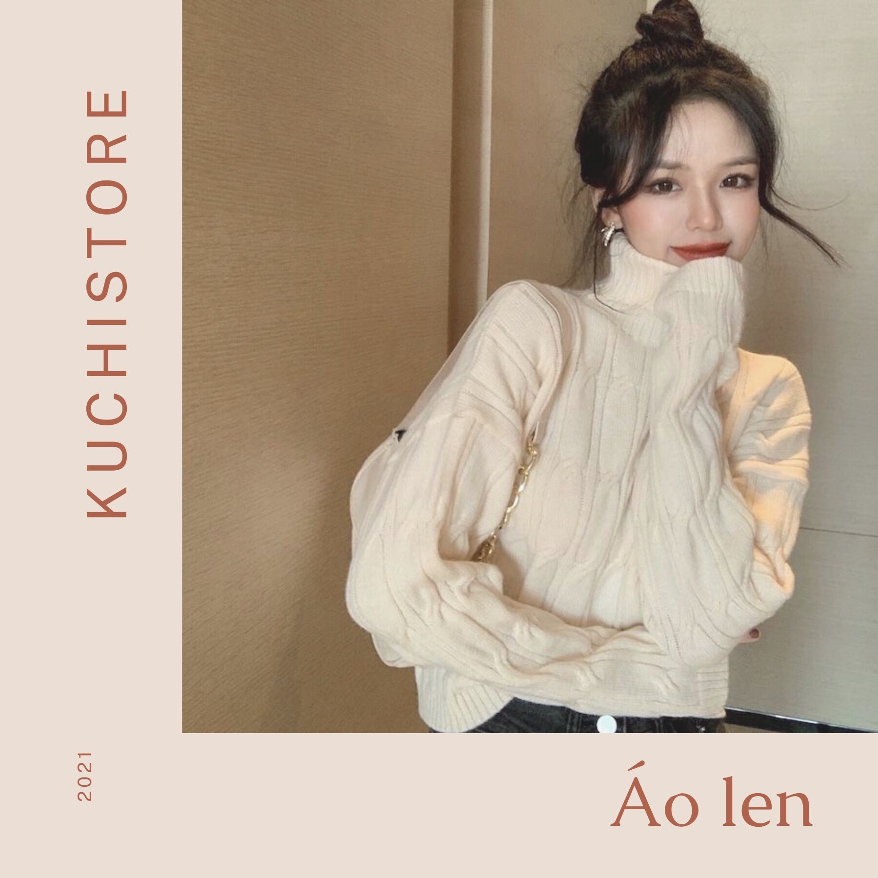 Áo len cổ lọ màu Beige