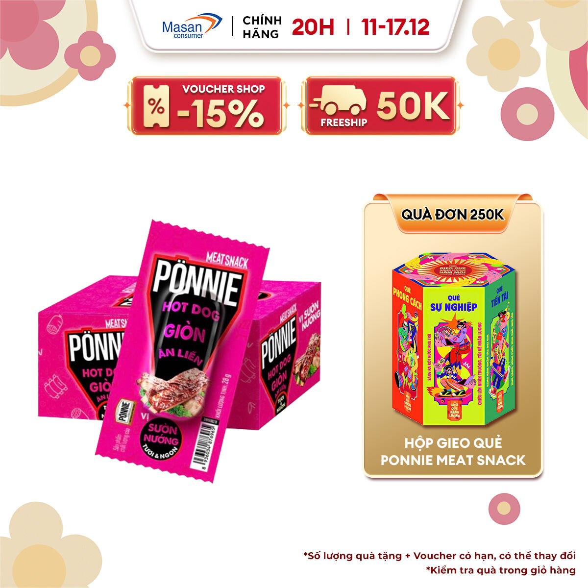 [VC 20% ĐƠN 199K] Ponnie Hot Dog Giòn Ăn Liền Vị Sườn Nướng Hộp X 20 Cây X 28G