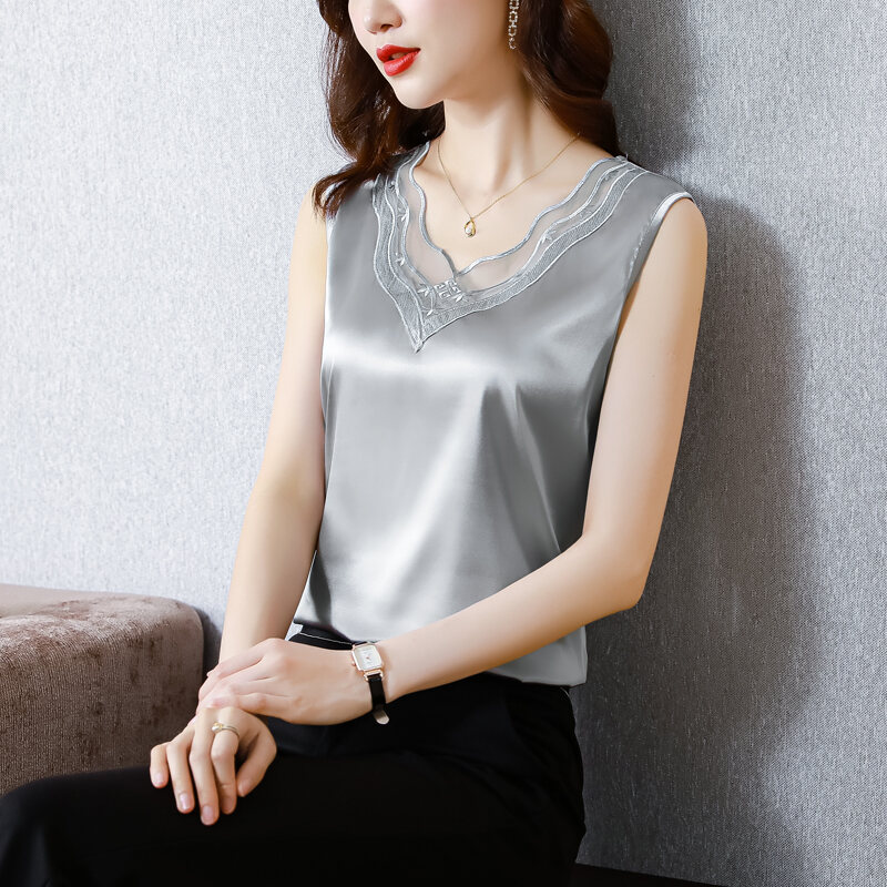 Áo Sơ Mi Trẻ Trung Kiểu Tây Lụa Tơ Tằm Cộc Tay Mẫu Mới Hè 2023 Áo Voan Lưới Thời Trang Bề Mặt Satin Nữ Áo Phông Tôn Dáng Gầy