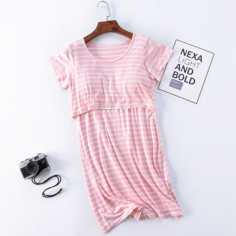 Váy liền cho con bú modal váy ngủ bà bầu váy ngủ ngắn tay áo ngủ quần áo cho con bú váy mùa hè cho bà mẹ nóng bỏng ra ngoài sau sinh