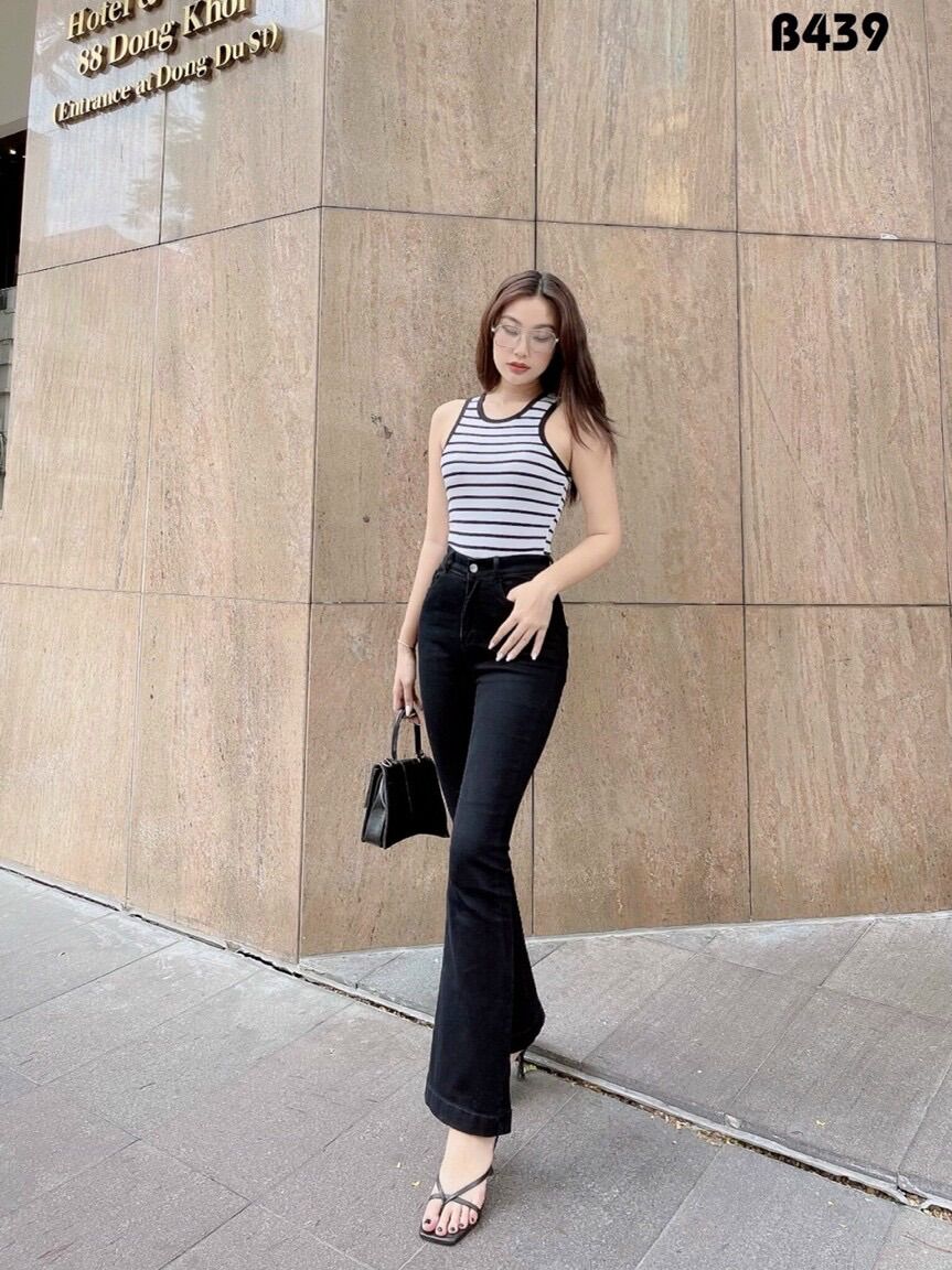 Quần Jeans Nữ Lưng Cao Ống Loe Dài Co Giãn