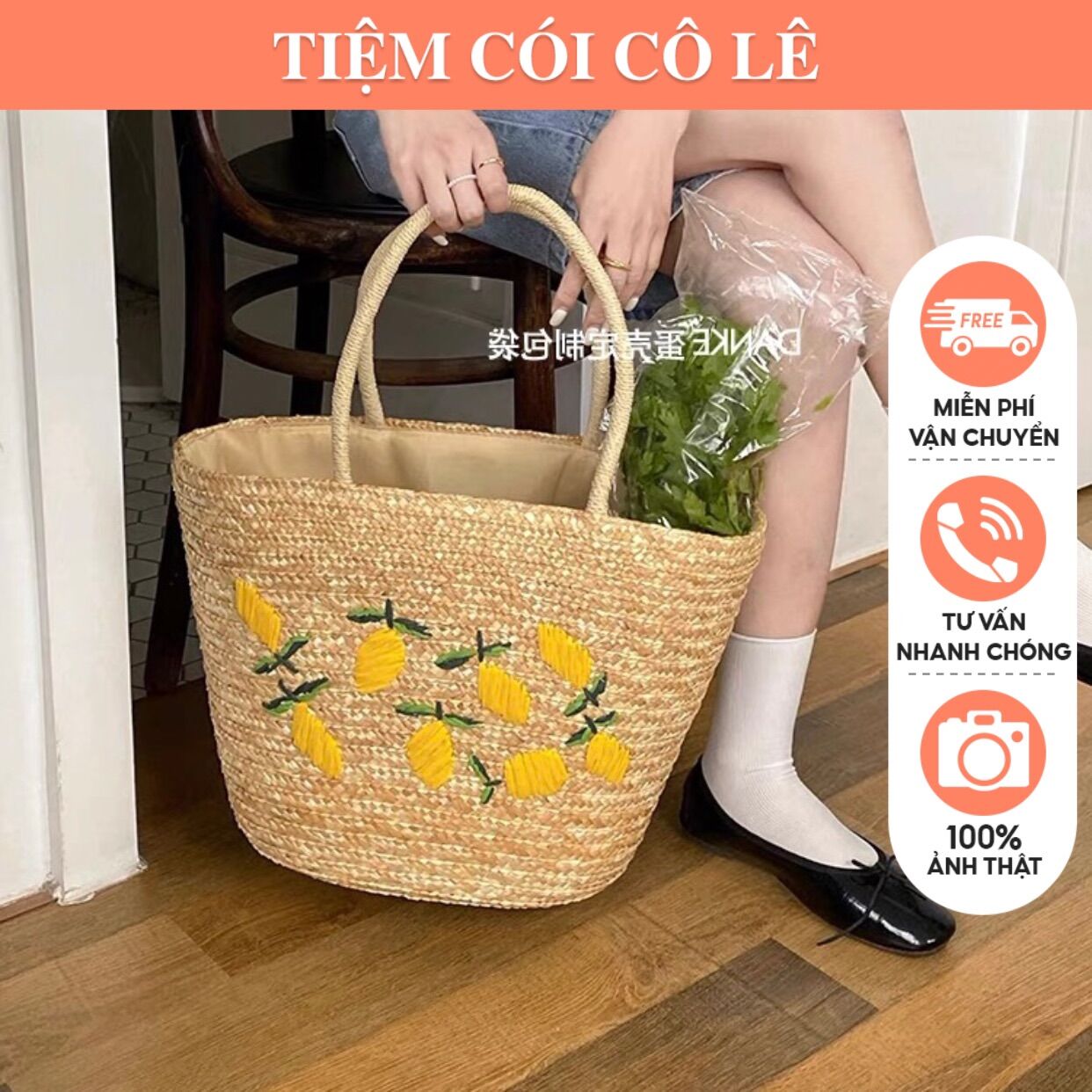 Túi cói giỏ cói size to thêu hình xinh xắn phong cách mùa hè-Tiệm Cói Cô Lê