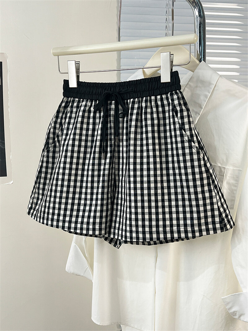 Màu Đen Trắng Kẻ Caro Thoải Mái Thể Thao Nữ Quần Short Quần Đùi Dây Rút Cao Vòng Eo Rời Dáng Chữ A Q