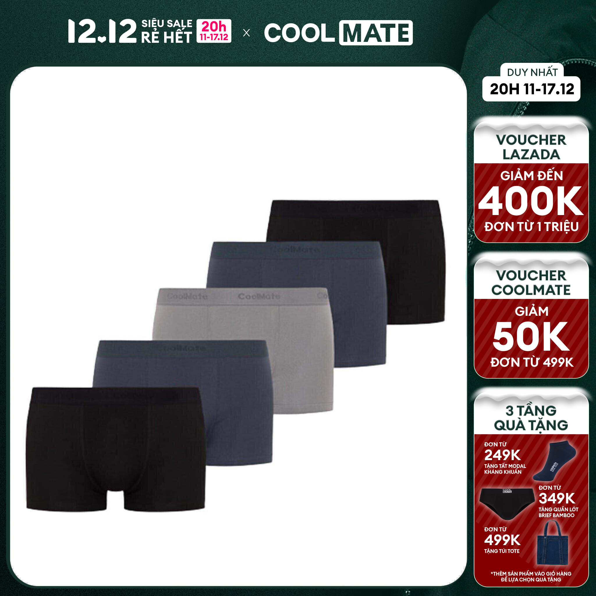 [CHỈ 20H 11-12.12 TẶNG QUÀ ĐƠN TỪ 249K]COMBO 5 Quần lót nam Trunk Cotton mềm mại (3 màu) - COOLMATE